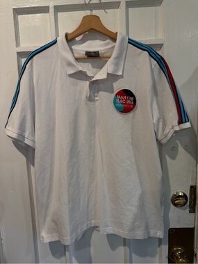 Porsche Design White Polo with Blue and Red Stripe Accents